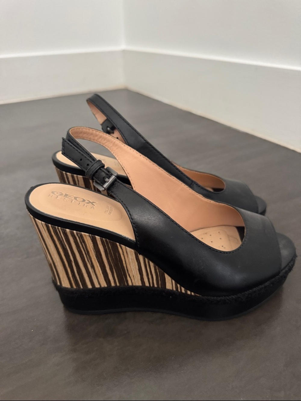 Geox Black Leather Slingback Wedge Sandals with Striped Wood-Effect Platform